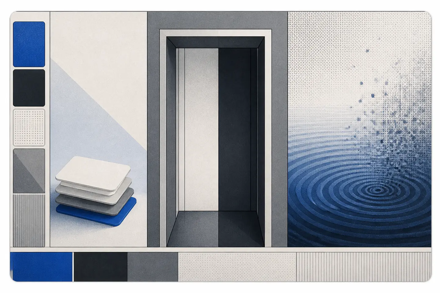 Abstract editorial illustration of an open architectural threshold, stacked evidence cards, and blue concentric water ripples in a clinical reading-room palette.