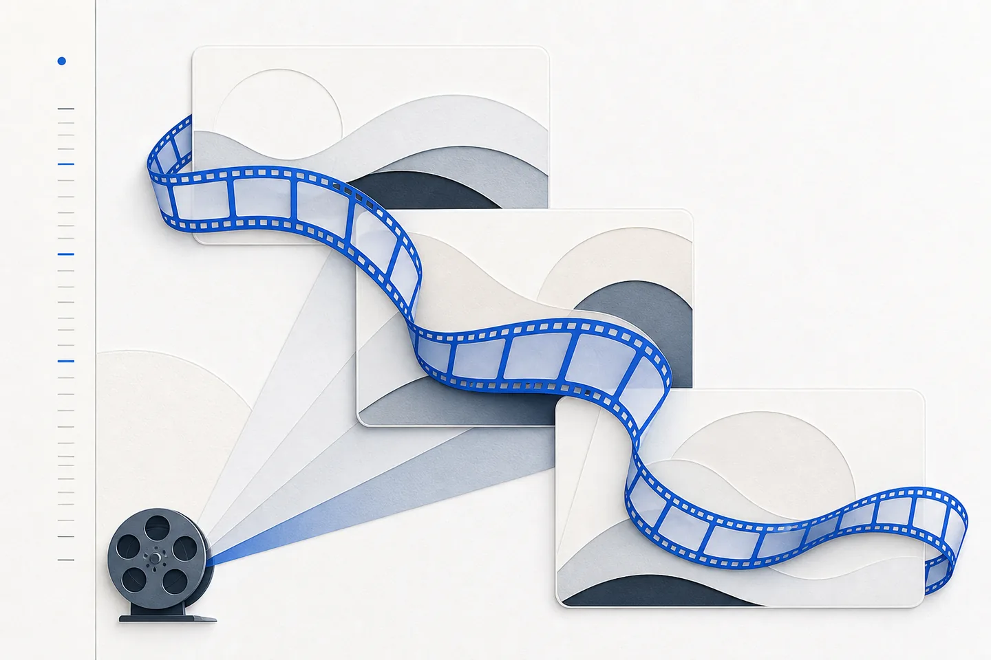 Cobalt blue filmstrip winds across three offset panels of layered gray curves, with a small film reel projecting pale light on a white paper-textured background.