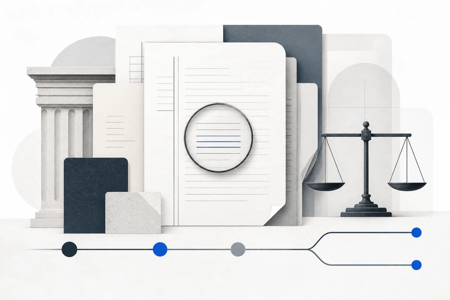 Abstract editorial illustration of layered court records, a courthouse column, balanced scales, and a branching legal-process line in blue and slate.