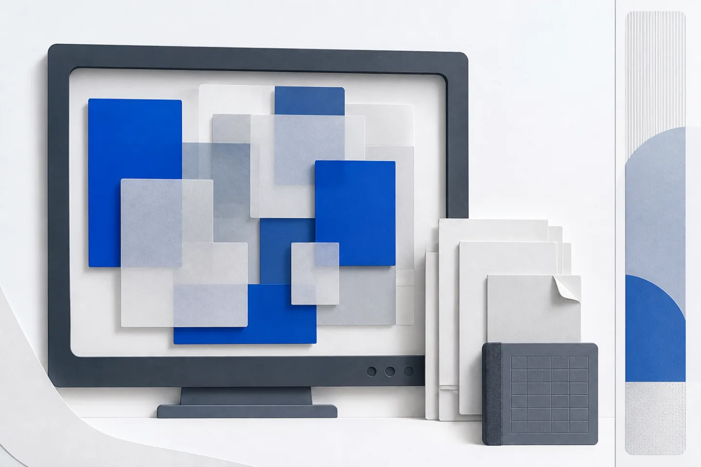 Paper-relief illustration of overlapping cobalt and translucent panels inside a slate television frame, beside blank documents and a small ledger.