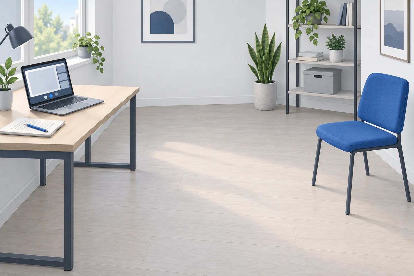 Illustration of a laptop on a stable desk facing clear floor space, with a sturdy blue chair and a notebook ready for an online physiotherapy visit.