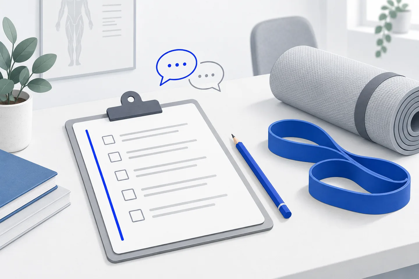 Illustration of a question-sheet clipboard, blue pencil and resistance band beside a rolled grey exercise mat, with speech bubbles representing questions for a physiotherapist.
