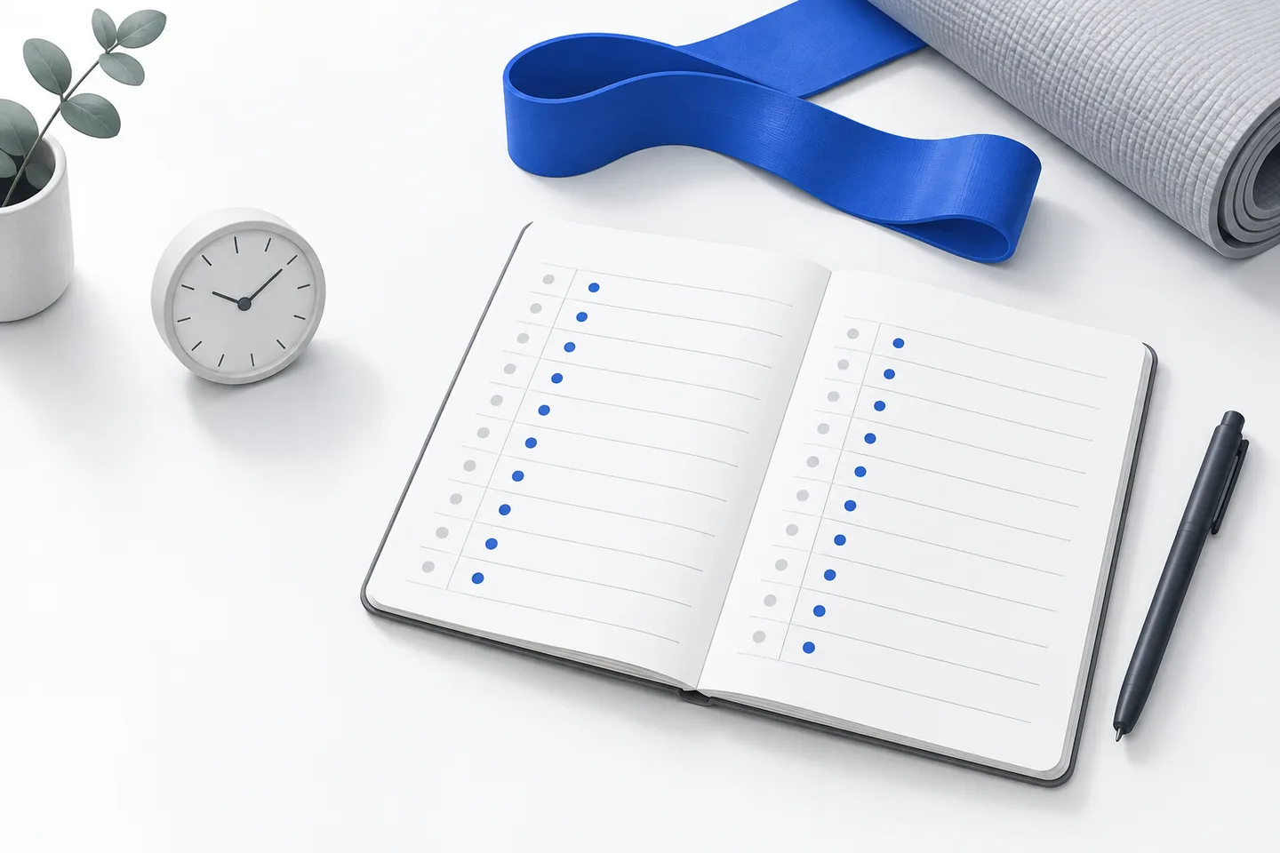 Illustration of an open symptom notebook and pen beside a blue resistance band, gray exercise mat and clock.